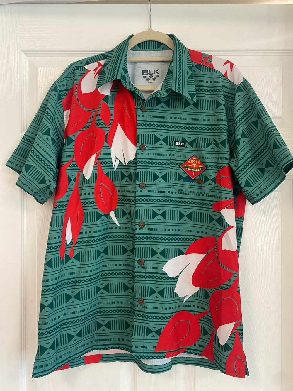 Short-Sleeve Printed Button-Down Shirt in Green & Red